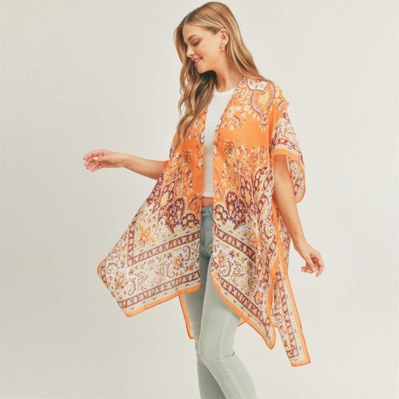 Judson Accessories - Orange Lightweight Boho Print Kimono Wrap Cover Up